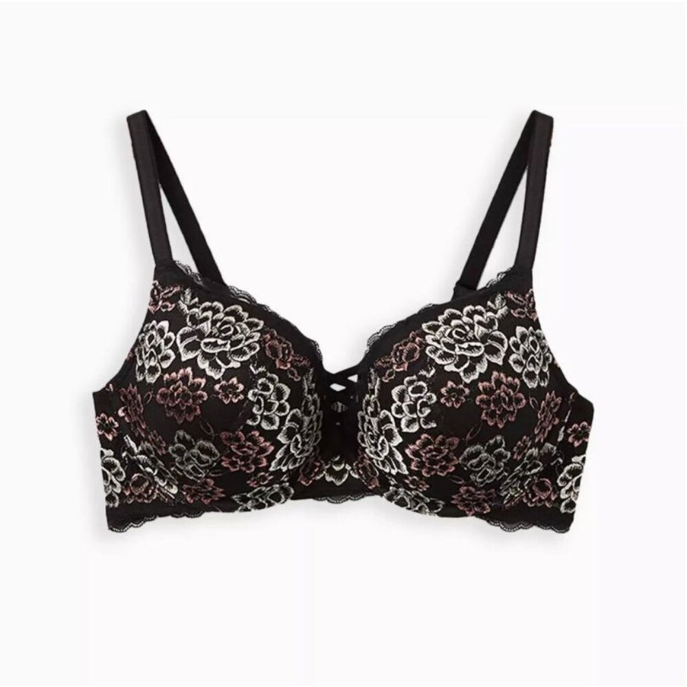 Torrid Curve 44B Black Floral Lace Push-Up Plunge Bra Adjustable Convertible